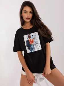 Women's black loose T-shirt with print