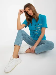 Women's blue cotton T-shirt with inscriptions