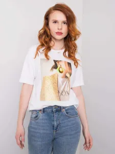 Women's white T-shirt with print and application #4752416