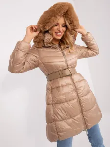 Dark beige women's winter jacket with hood