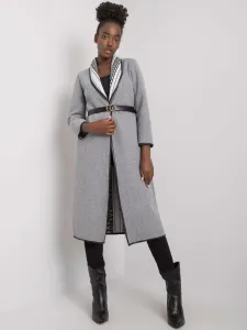 Grey melange coat with pockets and belt