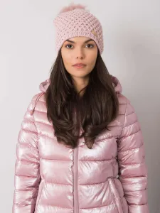 Lady's light pink beanie with pompoms