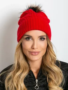 Red cap with hem and fur pompom