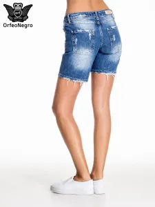 Blue jean shorts with long legs and abrasions