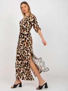 Beige and black midi dress with leopard pattern and tie