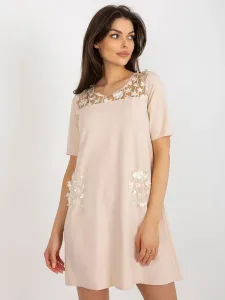 Beige cocktail dress with floral application #7394279