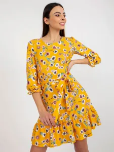 Dark yellow floral dress with tie and ruffle
