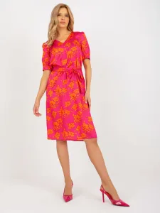 Fuchsia and orange floral cocktail dress with tie #7378380