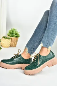 Fox Shoes Green Crocodile Print Thick Soled Oxford Shoes