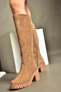 Fox Shoes R654047702 Tan Genuine Leather Suede Women's Boots With Thick Heels