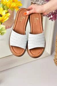 Fox Shoes White Genuine Leather Women's Thick Banded Knitted Model Daily Slippers #8108934