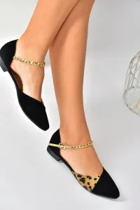 Fox Shoes Black/leopard Suede Chain Detailed Women's Ballerinas