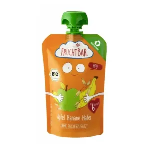 FRUCHTBAR 100% Recyklovateľné BIO ovocné vrecko s jablkom, pomarančom, banánom a ovsom 6m+ 100 g