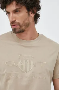 Bavlnené tričko Gant pánsky, béžová farba, s nášivkou