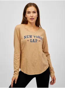 Bavlnené tričko s dlhým rukávom GAP béžová farba,