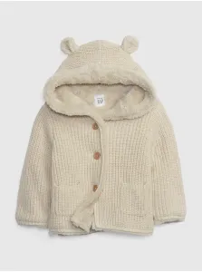 Béžový detský rebrovaný sveter s kapucňou a umelým kožúškom GAP #4731685