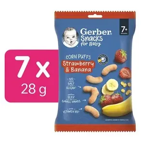 GERBER Snacks kukuričné chrumky jahoda a banán 7× 28 g