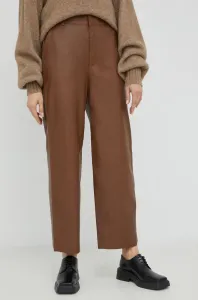 Kožené nohavice Gestuz dámske, hnedá farba, rovné, vysoký pás #199503