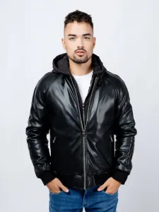 Men's Leatherette Hooded Jacket GLANO - Black