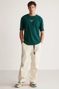 GRIMELANGE Kylee Men's Regular Fit Thick Fabric Embroidered 100% Cotton Green T-shirt