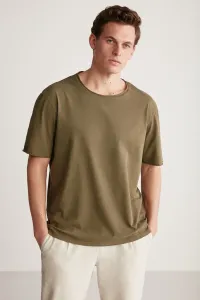 GRIMELANGE Davison Men's Open Collar Oversize Fit 100% Cotton Khaki T-shirt