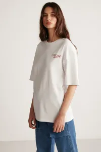 GRIMELANGE Janna Women's Crew Neck Oversize 100% Cotton Printed White / Red T-shirt