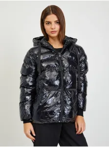 Čierna dámska prešívaná lesklá zimná bunda s kapucňou Guess Karine #596453
