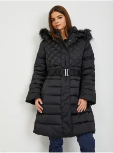 Čierny dámsky páperový zimný kabát s odopínacou kapucňou a kožúškom Guess Lolie #596426