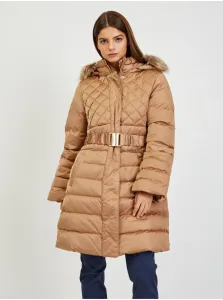 Hnedý dámsky páperový zimný kabát s odopínacou kapucňou a kožúškom Guess Lolie