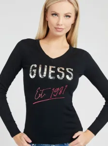 Black Ladies Sweater with Inscription with Decorative Details Guess Logo V Nec - Women