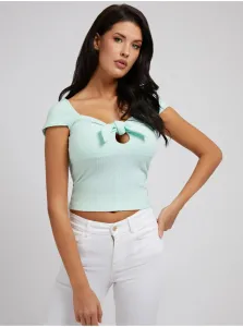 Light Green Womens Ribbed Cropped T-Shirt with Bow Guess Valerian - Women #707053