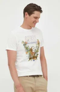 Bavlnené tričko Guess béžová farba, s potlačou