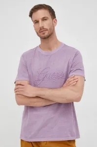 Bavlnené tričko Guess fialová farba, s nášivkou