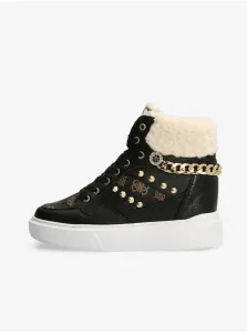 Čierne dámske členkové zimné topánky na plnom podpätku s ozdobnými detailmi Guess #703811