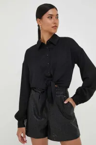 Košeľa Guess dámska, čierna farba, voľný strih, s klasickým golierom
