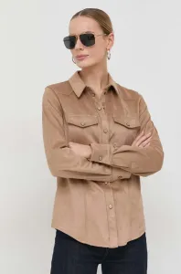 Košeľa Guess dámska, hnedá farba, regular, s klasickým golierom #9071857