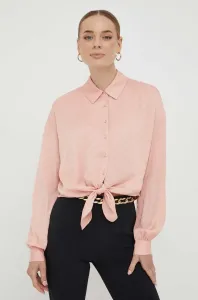 Košeľa Guess dámska, ružová farba, voľný strih, s klasickým golierom #8748905