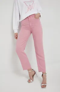 Nohavice Guess dámske, ružová farba, rovné, vysoký pás #5483399