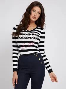 White-black striped sweater with lettering with decorative details Guess Logo - Women