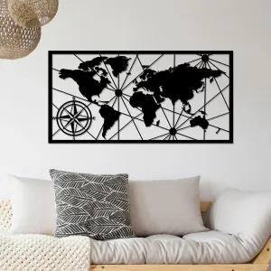 Nástenná kovová dekorácia Mapa sveta kompas 120x60 cm čierna