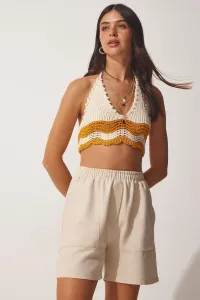 Happiness İstanbul Women's Cream Wide Pocket Linen Bermuda Shorts