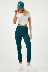 Happiness İstanbul Women's Emerald Green High Waist Ribbed Seamless Knitted Leggings #9209458