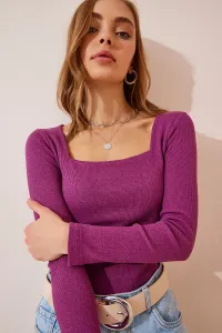 Happiness İstanbul Women's Light Plum Square Collar Corduroy Knitted Blouse