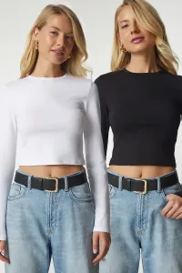 Happiness İstanbul Women's Black and White Basic 2-Pack Knitted Crop Top