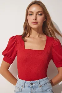 Happiness İstanbul Women's Red Square Collar Knitted Blouse with Balloon Sleeves