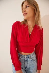 Happiness İstanbul Women's Red Deep V Neck Crop Sandy Knitted #6441645
