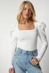 Happiness İstanbul Women's White Square Neck Ribbed Knitwear Blouse