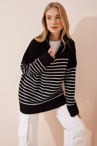 Happiness İstanbul Women's Black Zipper High Neck Striped Long Oversize Sweater