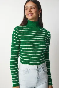 Šťastie İstanbul Dámsky zelený pruhovaný rolák Pletený sveter