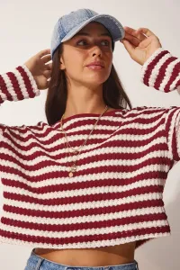 Happiness İstanbul Women's Burgundy Striped Crochet Knitwear Sweater